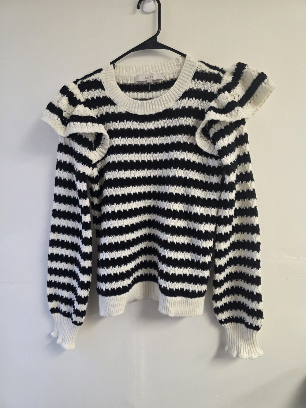 LOFT Black & White Striped Ruffle-Shoulder Crew Sweater